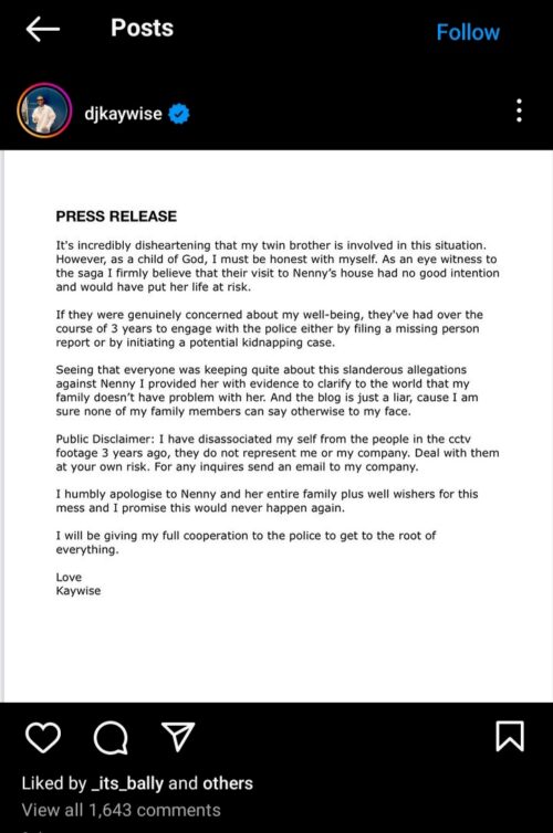 DJ Kaywise issues a press release on a kidnap his brother is involved in